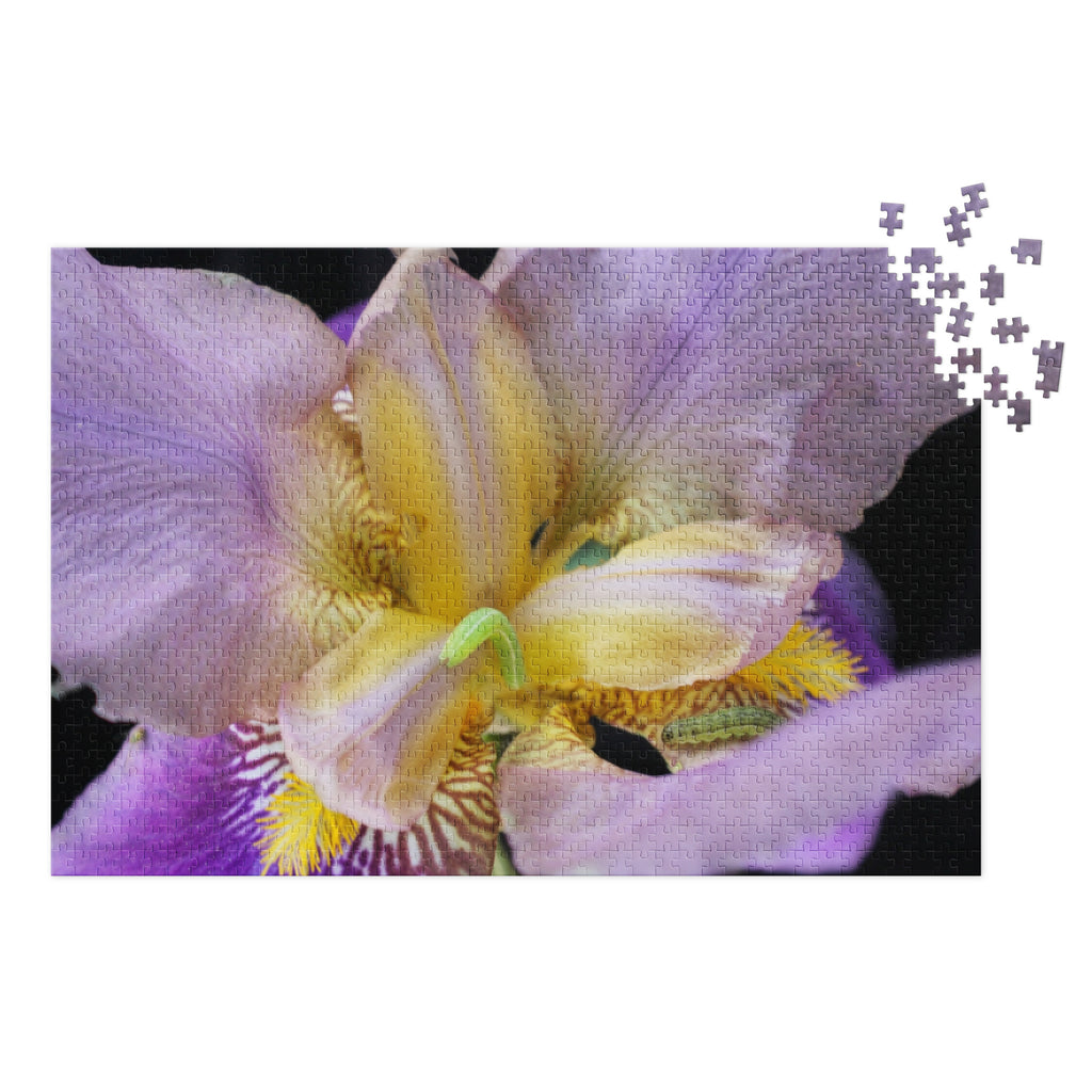 Iris with Tiny Caterpillar Jigsaw puzzle with tin - Stellar Minds Apparel