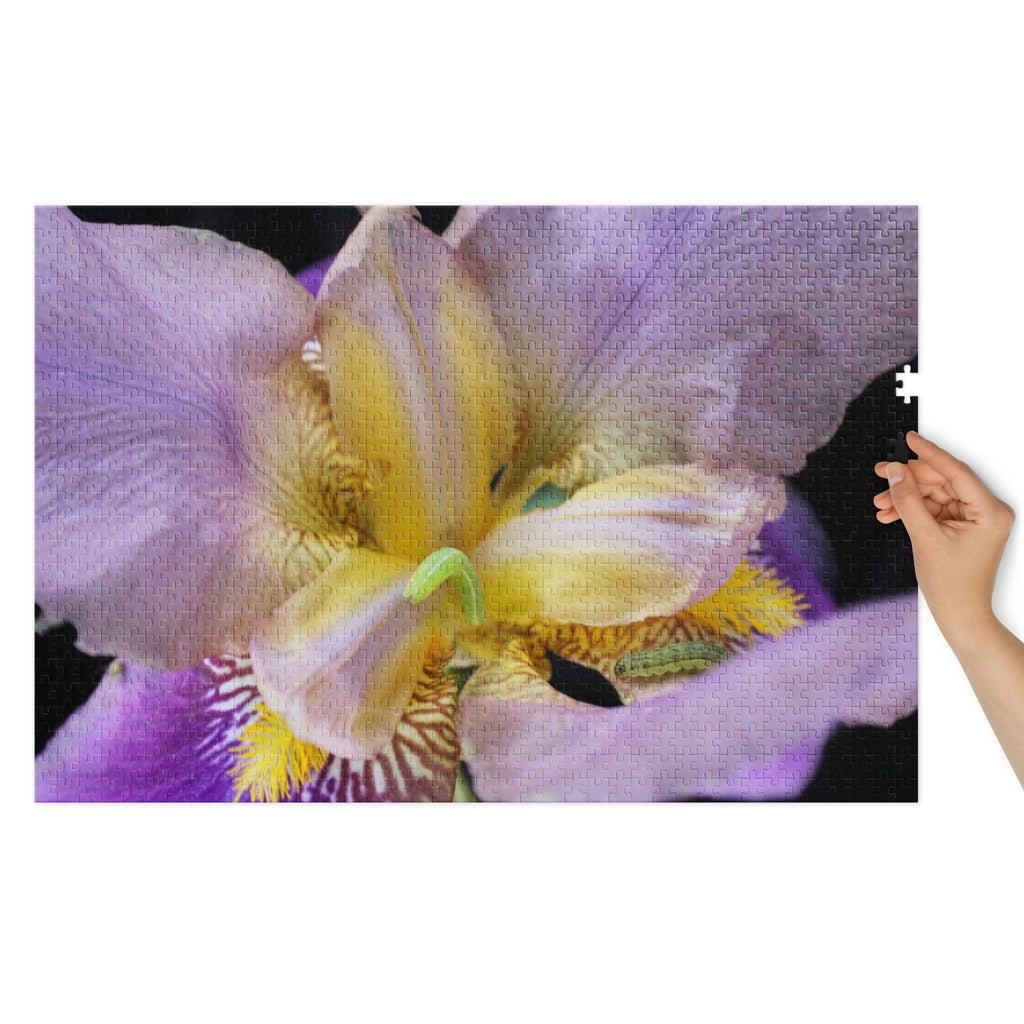 Iris with Tiny Caterpillar Jigsaw puzzle with tin - Stellar Minds Apparel