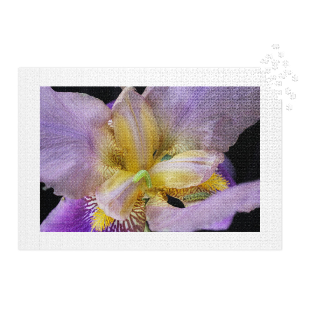 Iris with Tiny Caterpillar Jigsaw puzzle with tin - Stellar Minds Apparel